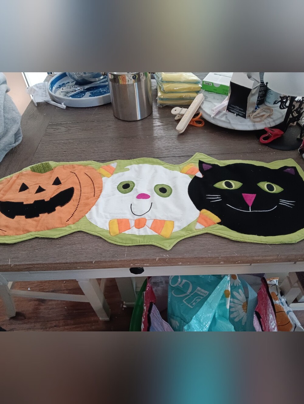 Decorative Cat & Pumpkin Pet Table Runner 12 By 34 Green/Black/Orange